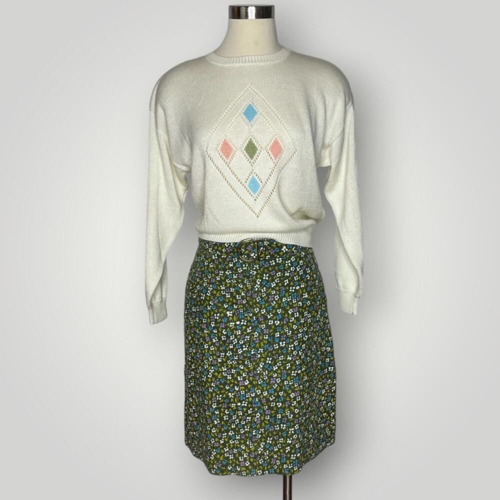 Vintage 1970s Floral Belted Mini Skirt Ditsy Skirt Green Blue Women's Small L